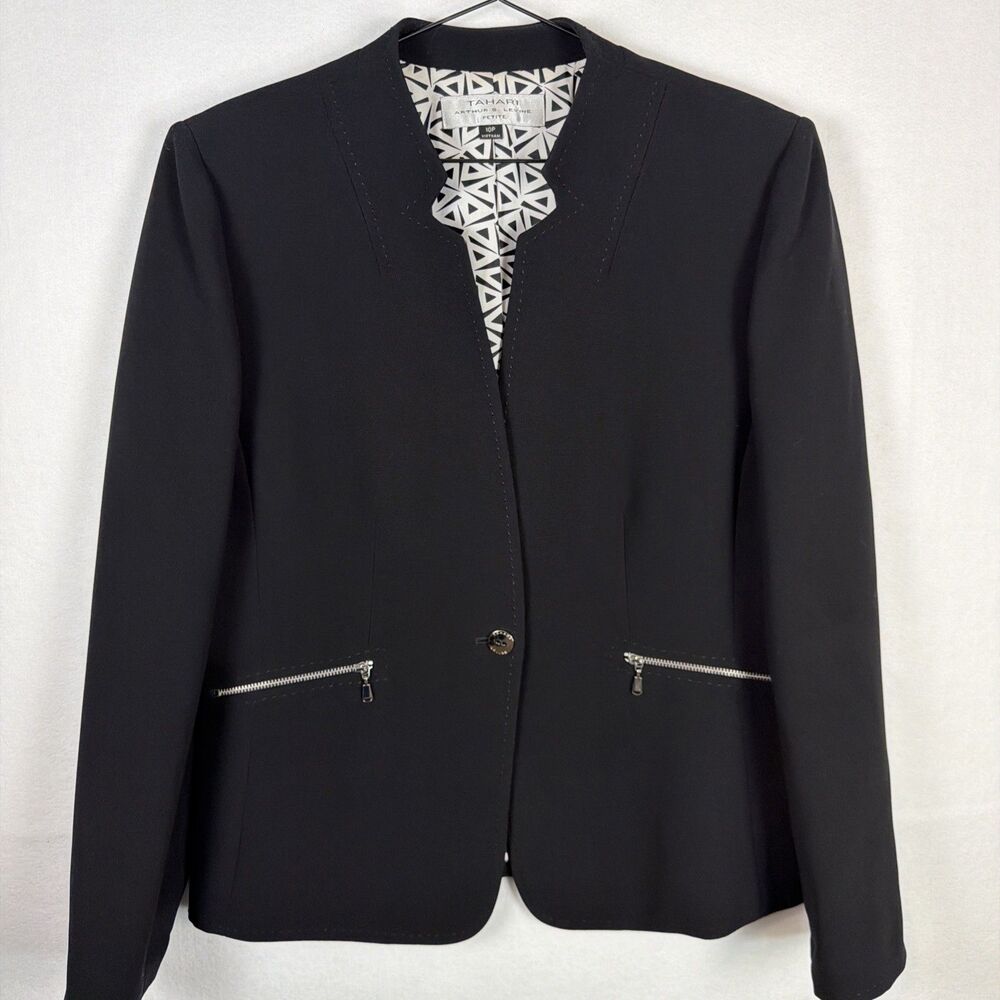 Tahari Womens Size 10P Black Blazer Jacket Zip Pocket Petite Suit Work Office